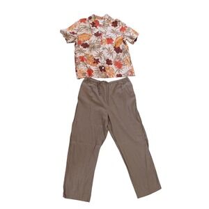 Coldwater Creek Pant Set Womens L/XL Brown Floral Linen Blend Tropical Boho 2pc
